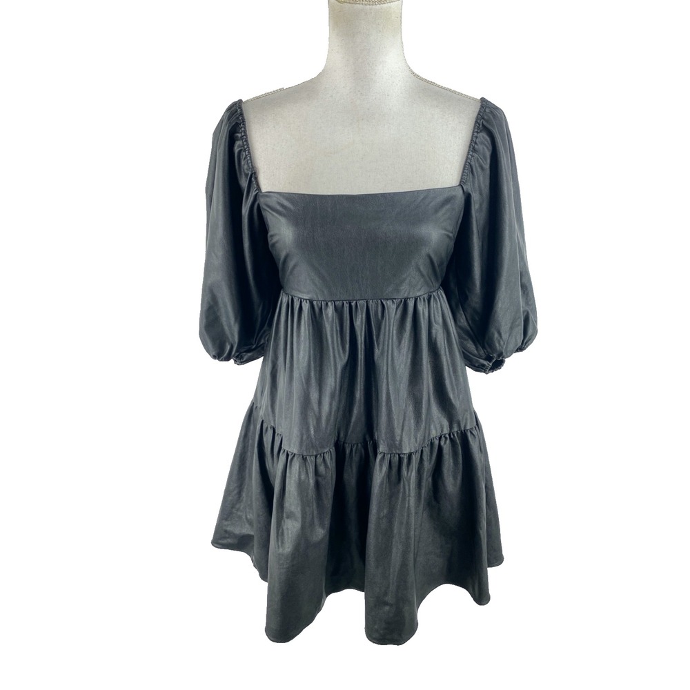 Amanda Uprichard Women S Maisie Faux Leather Mini Dress Goth Square Neck Pleated